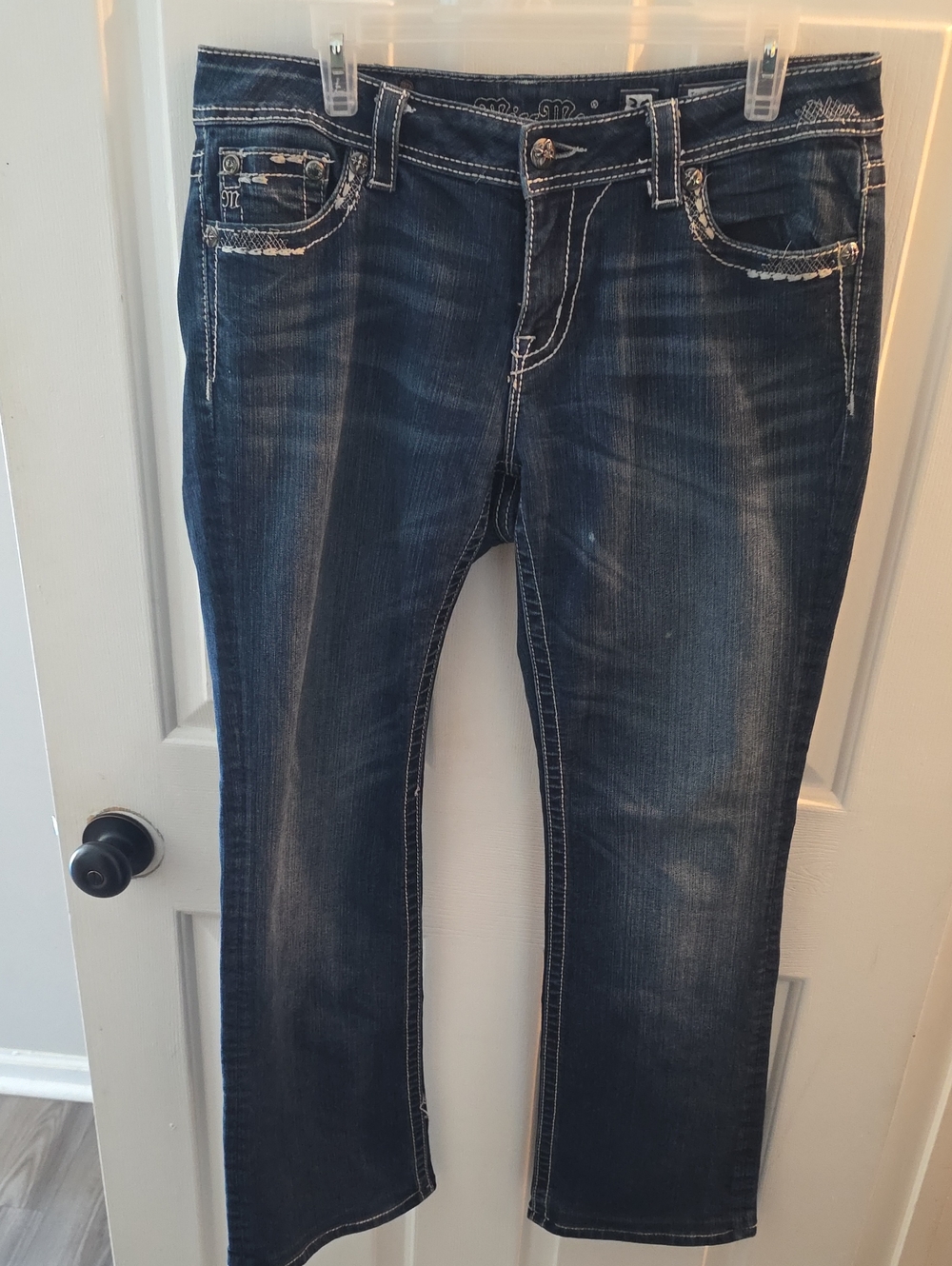 Miss Me Dark Blue Boot-Cut Jeans with White Contrast Stitching